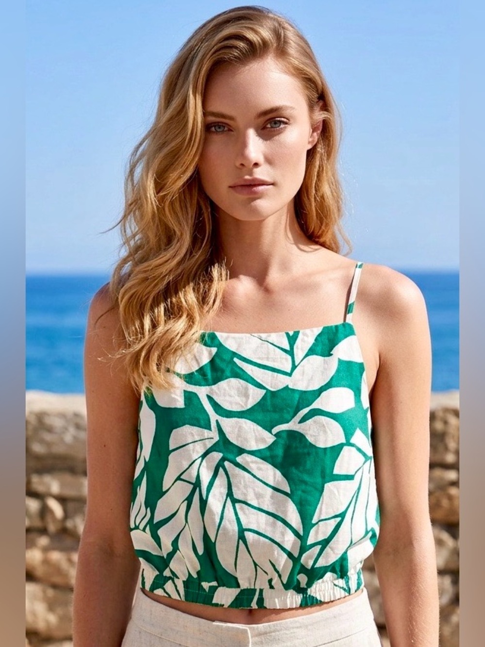 Nicole Miller Atelier Green & White Leaf-Print Adjustable Strap Camisole S